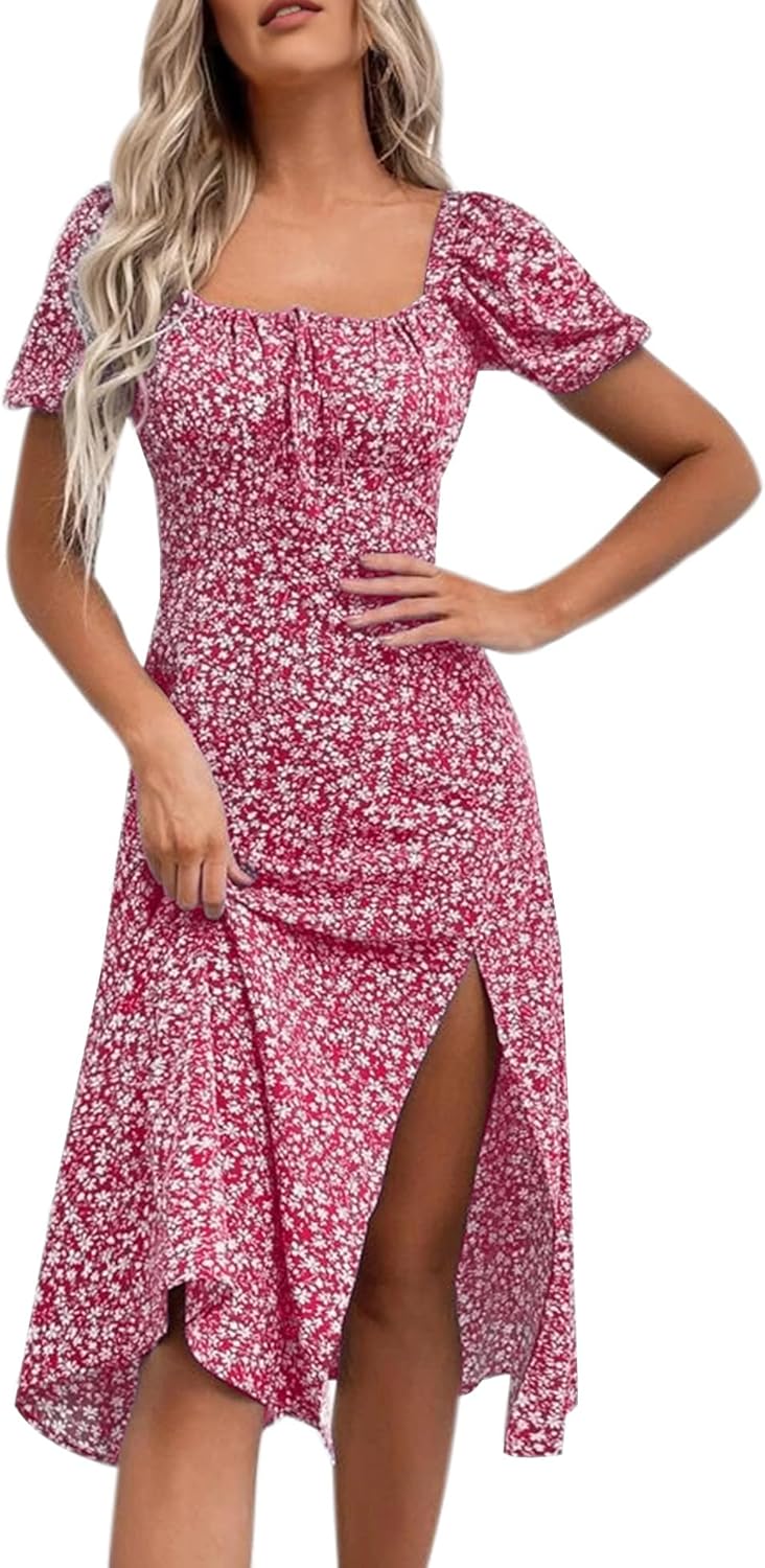 Floral Summer Casual Dress with Square Neck and Puff Sleeves