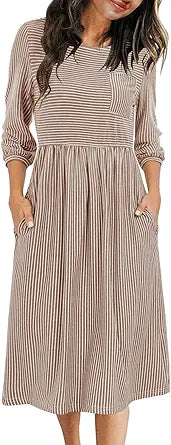 MEROKEETY Women's 3/4 Balloon Sleeve Striped Midi Dress with Pockets