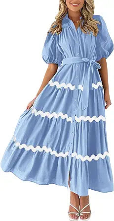 PRETTYGARDEN Womens Summer Maxi Button Down Ruffle Dress