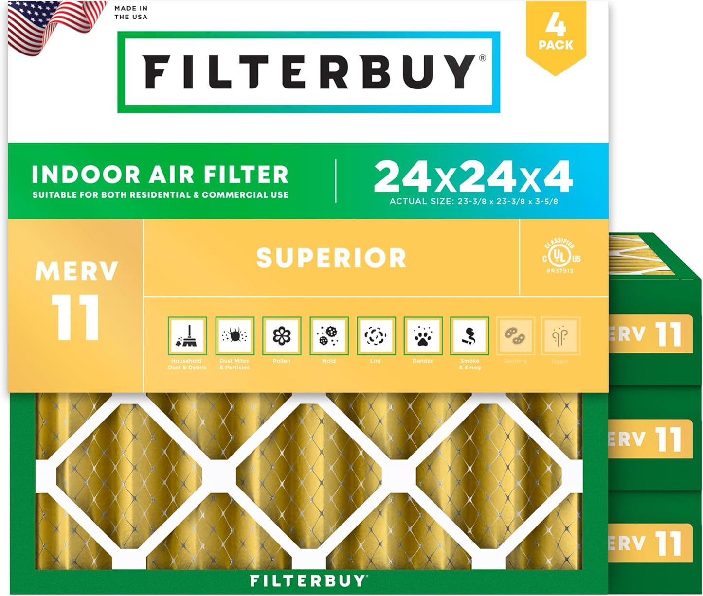 Filterbuy 24x24x4 Air Filter MERV 11 for Pet & Allergy Defense