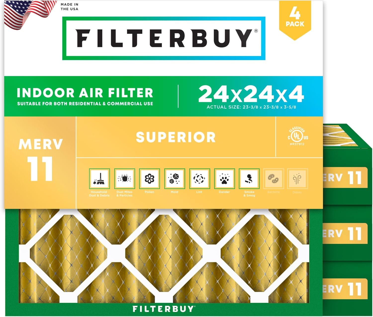Filterbuy 24x24x4 Air Filter MERV 11 for Pet & Allergy Defense