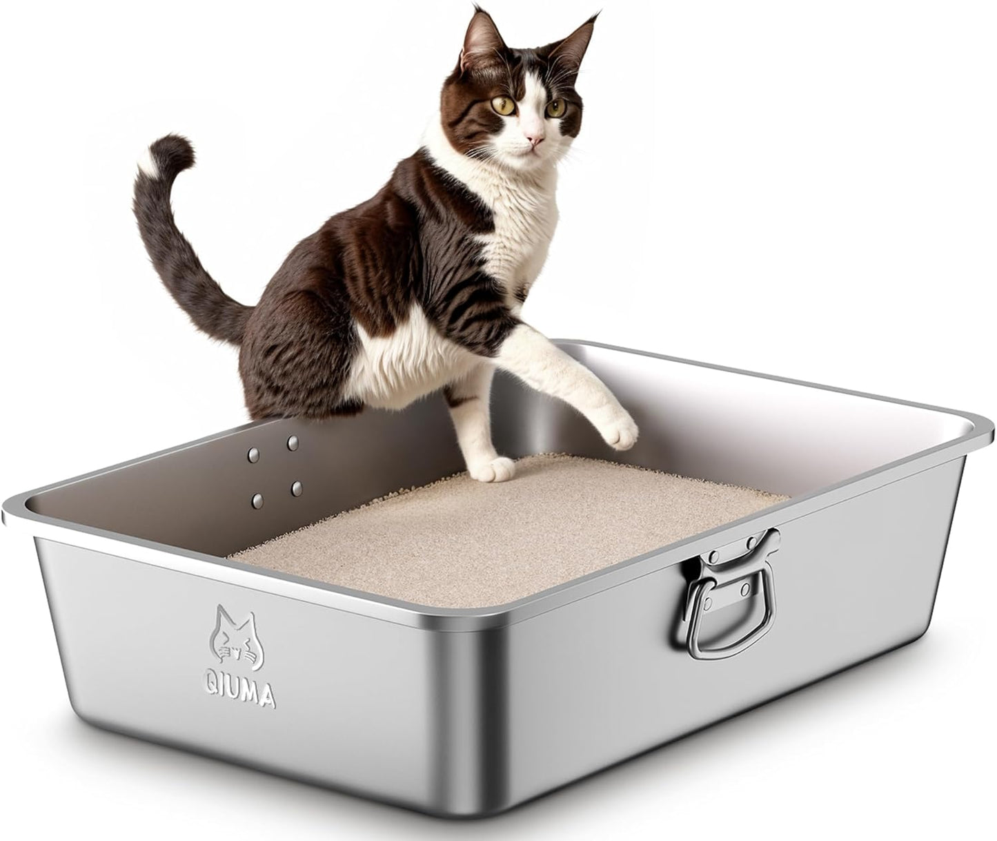 Spacious Stainless Steel Litter Box with High Sides for Cats