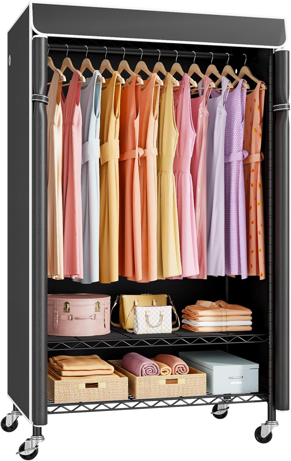 P6C Rolling Clothes Rack with Cover for Heavy Duty Storage