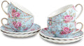 Tea Cup and Saucers 4-Set - Floral Porcelain Teacups with Gold Trim