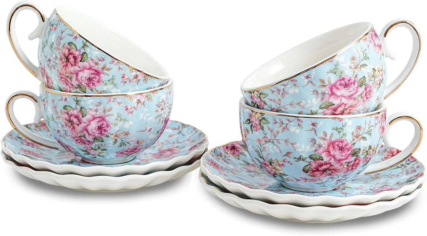 Floral Tea Cups with Gold Trim for Parties and Home Use