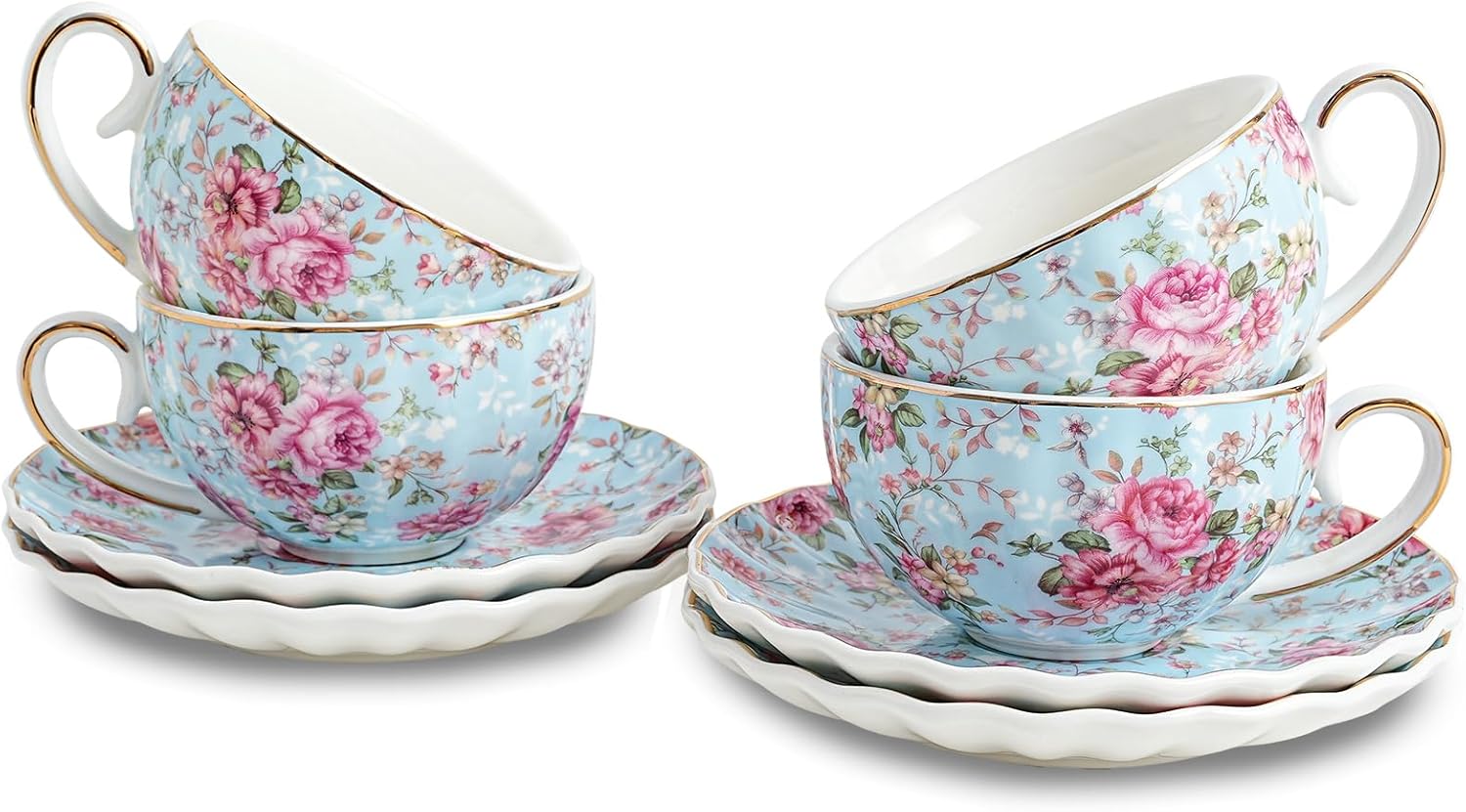 Floral Tea Cups with Gold Trim for Parties and Home Use