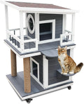 Outdoor Cat House 2-Story Wooden Shelter - Weatherproof Cat Condo