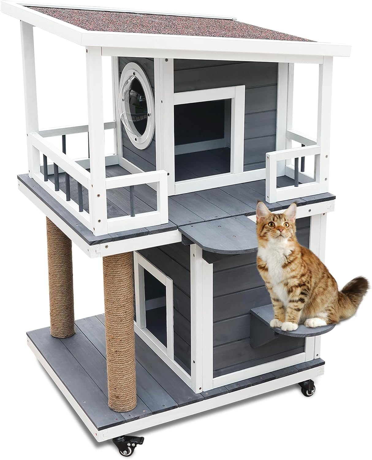 Rockever Outdoor Cat House: 2 Story Wooden Shelter for Cats