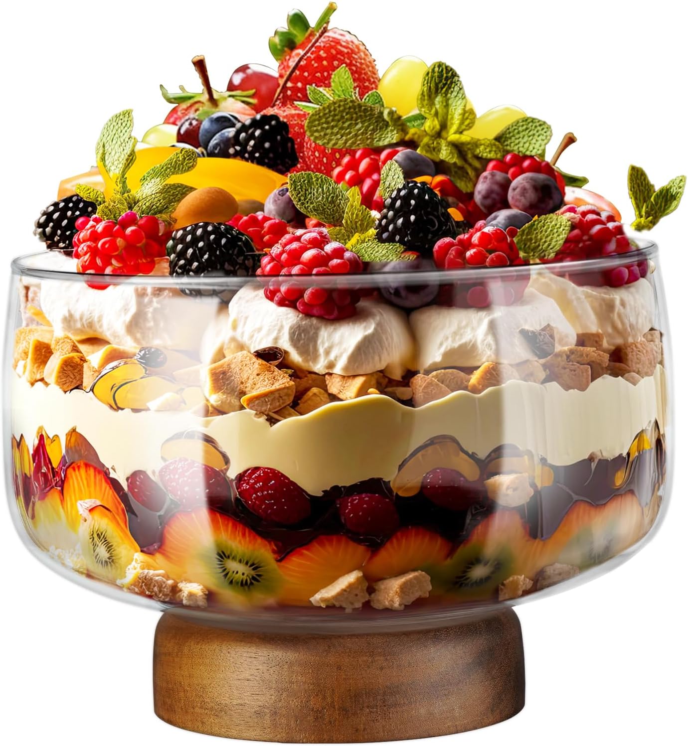 Large Glass Trifle Bowl with Elegant Acacia Wood Stand for Parties