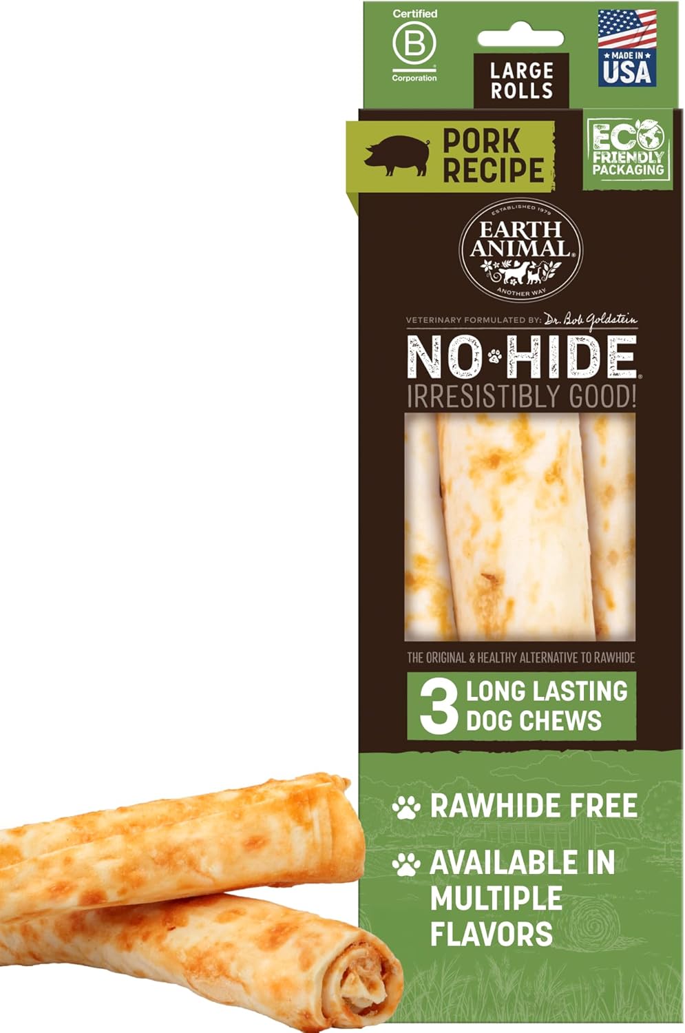 Earth Animal No-Hide Rolls Pork Recipe for Large Dogs Chews