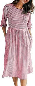 Women's 3/4 Balloon Sleeve Striped High Waist Midi Dress