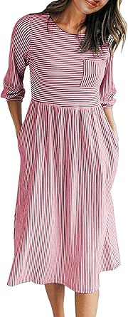 MEROKEETY Women's 3/4 Balloon Sleeve Striped Midi Dress with Pockets