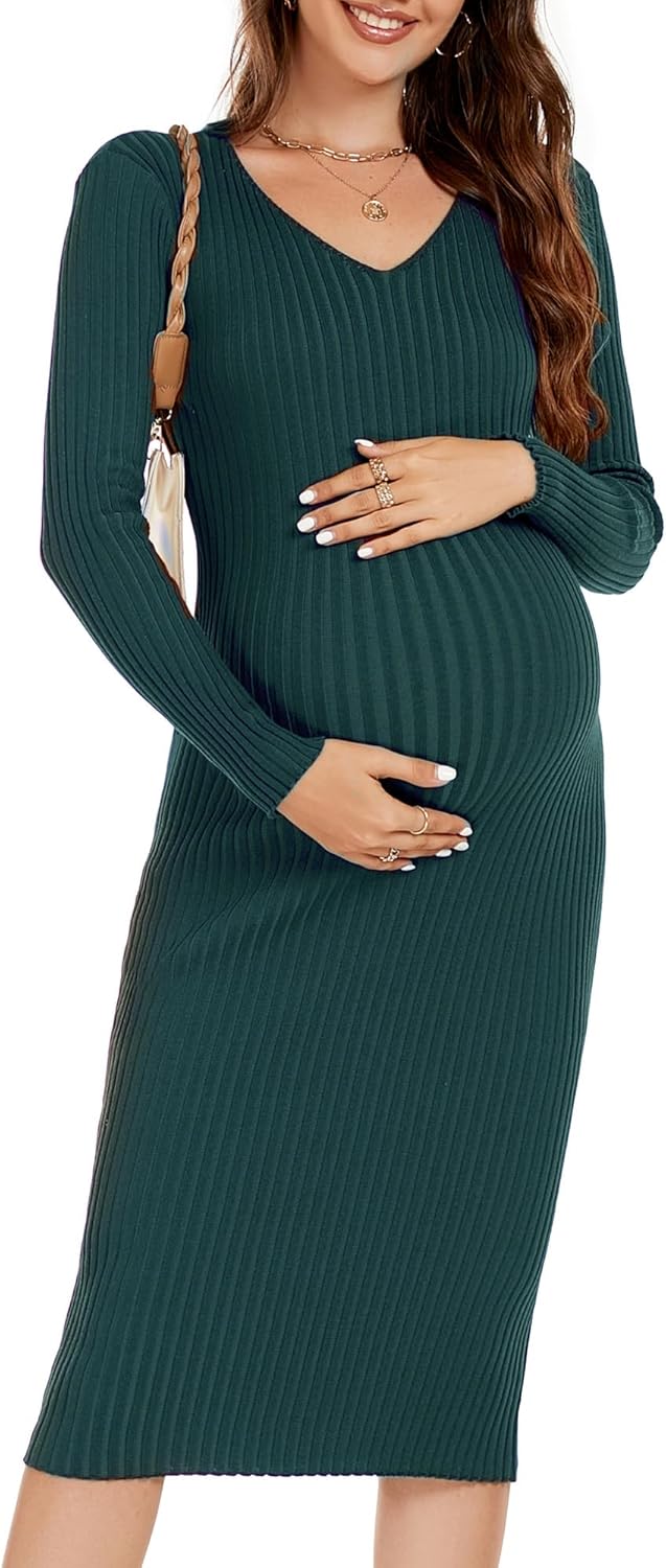Maternity Dress Long Sleeve V Neck Knit Stretchable Sweater