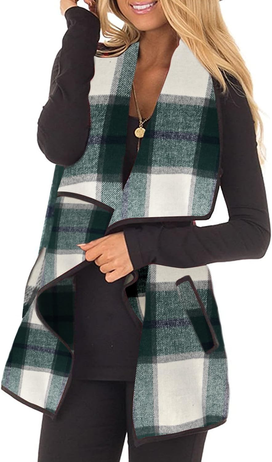 Unidear Womens Buffalo Plaid Vest Casual Open Front Cardigan