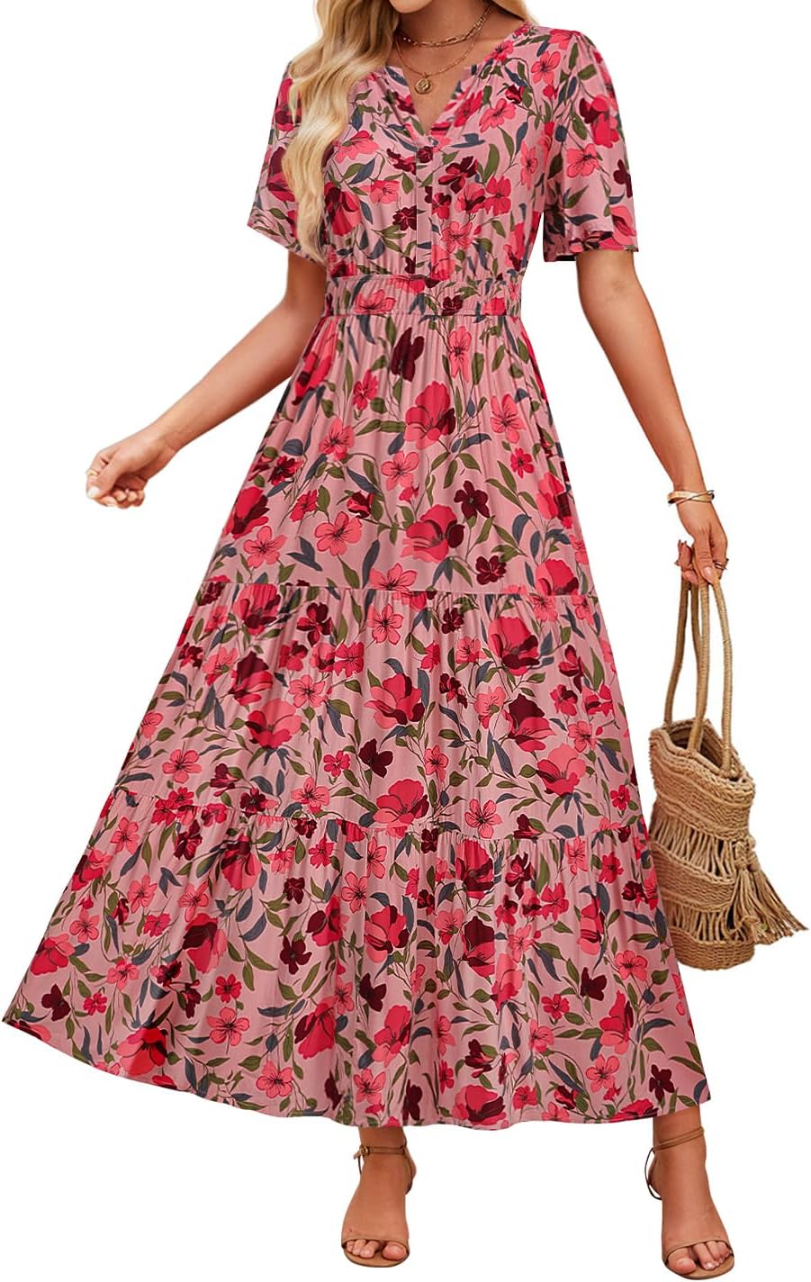 ZESICA Women's Floral Print Short Sleeve V Neck Maxi Dress