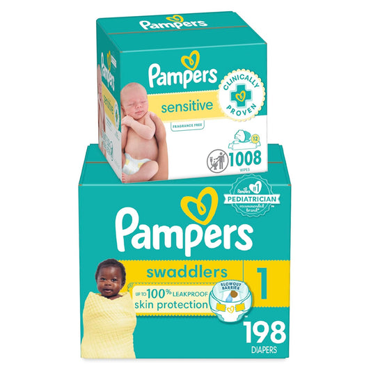 Pampers Swaddlers Size 1 Diapers - 198 Count + 12 Packs of Sensitive Wipes