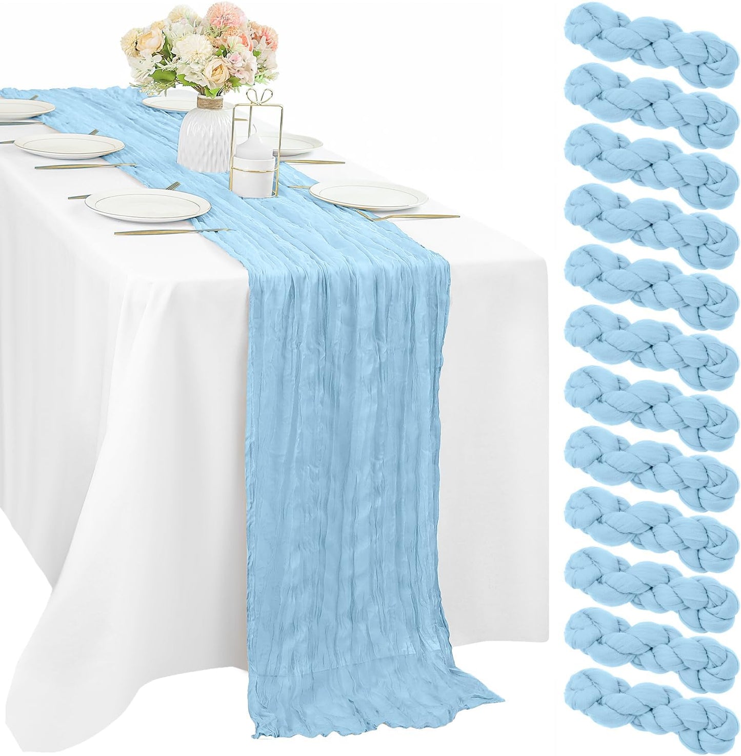 12 Pcs Baby Blue Cheesecloth Table Runner for Rustic Decor