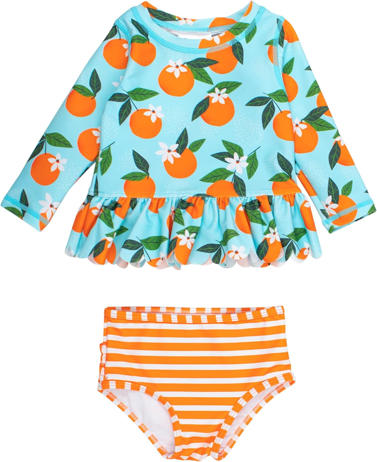 RuffleButts Baby Girls Scalloped Long Sleeve Rash Guard Swimsuit