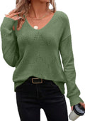Womens Lightweight V Neck Crochet Pullover Sweater - Casual Fall Top
