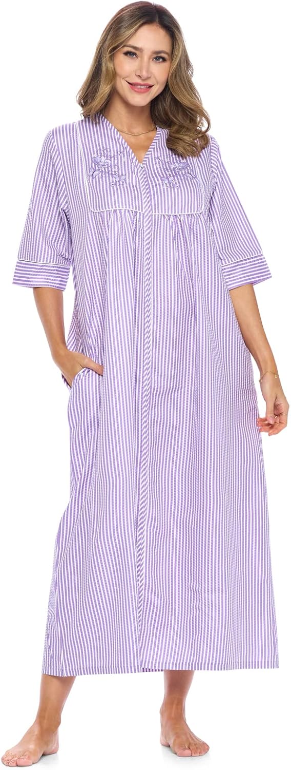 Casual Nights Women's Zip Front Woven House Dress for Comfort
