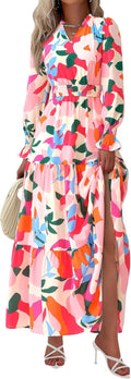 Women's Floral Maxi Dress Long Sleeve V Neck - Flowy Boho Fall Dress