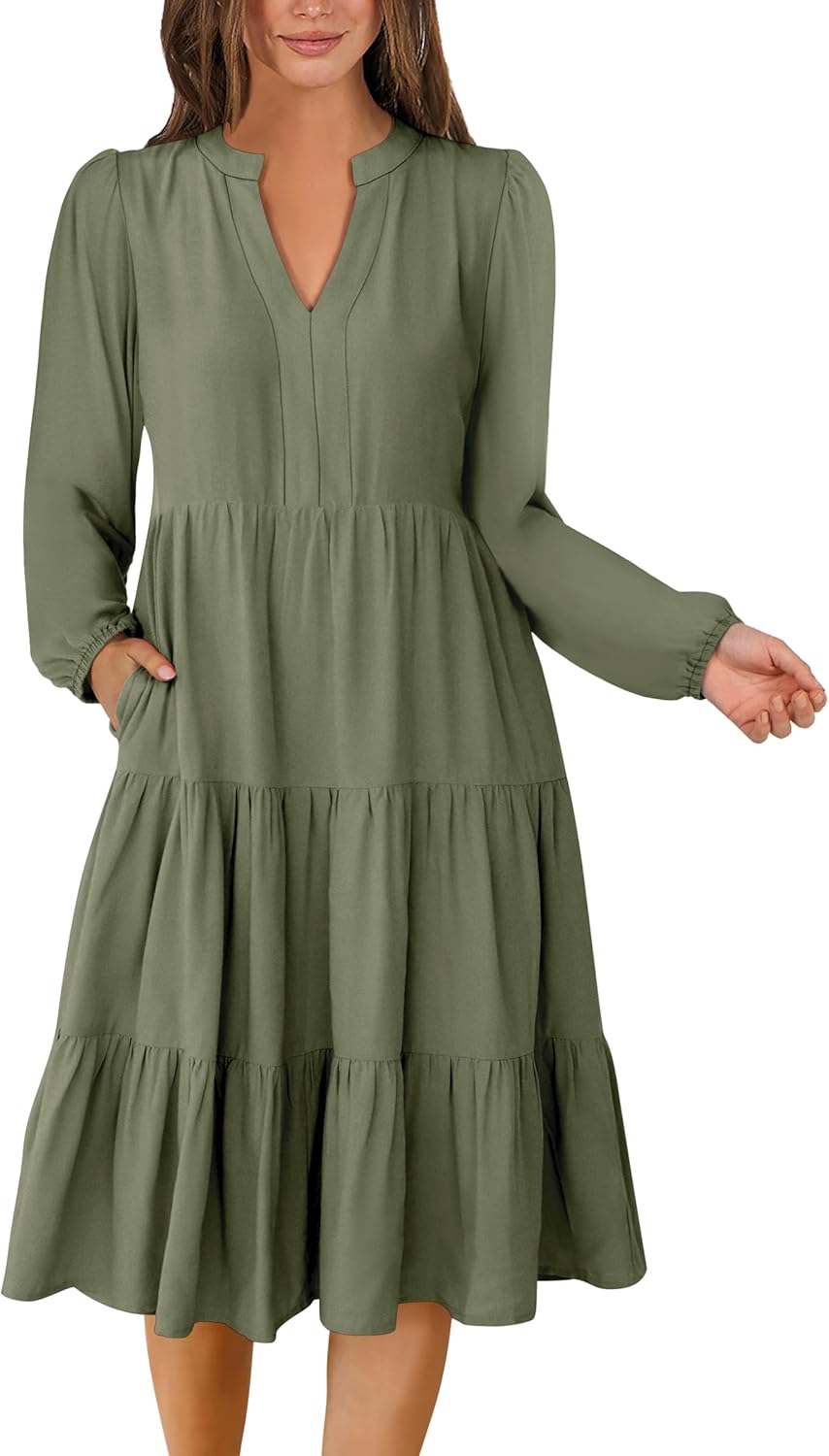 ANRABESS Long Sleeve Midi Dresses for Women V Neck Casual Style