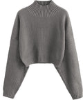 Cropped Turtleneck Sweater Lantern Sleeve Ribbed Knit - Stylish Crop