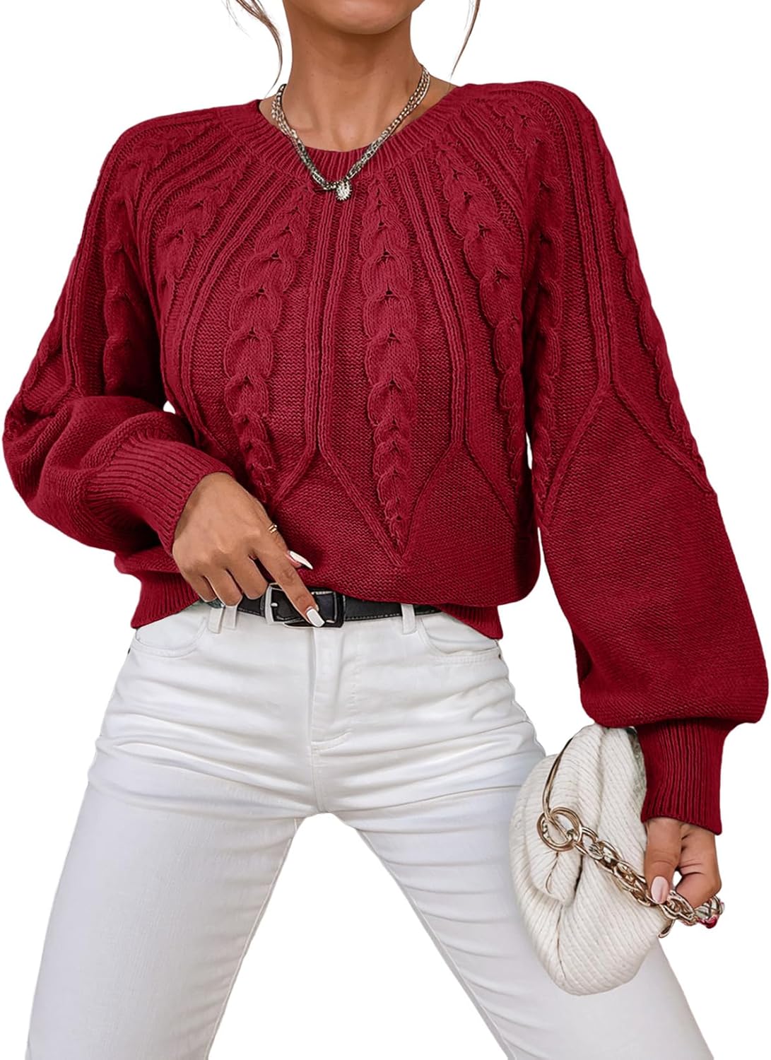 Dokotoo Womens Sweaters Crewneck Long Sleeve Cable Knit Fashion
