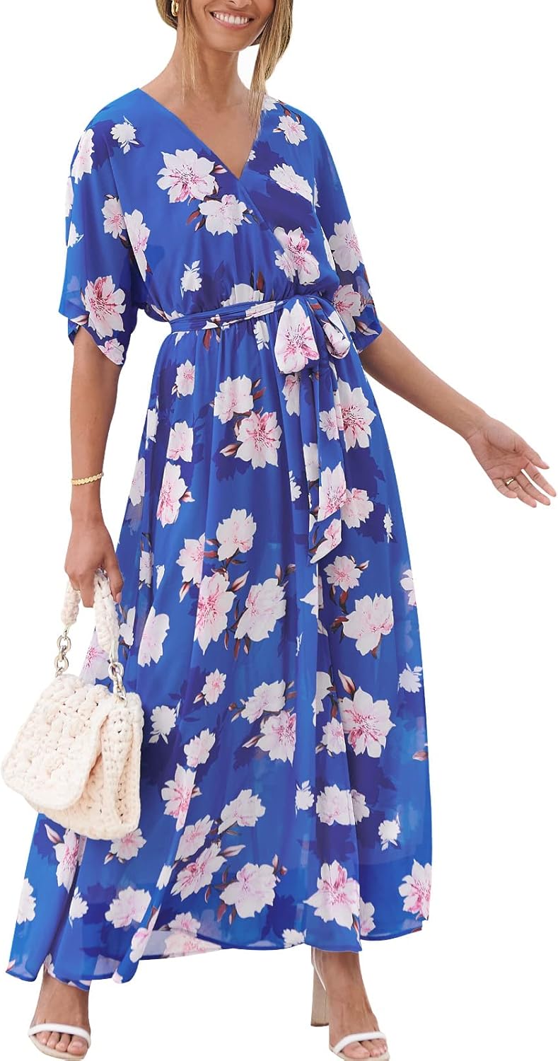 Womens Summer Loose Boho Flowy Wrap V Neck Maxi Dresses
