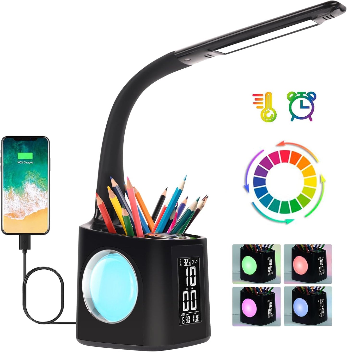 LED Desk Lamp with Clock and Color Changing Nightlight Features