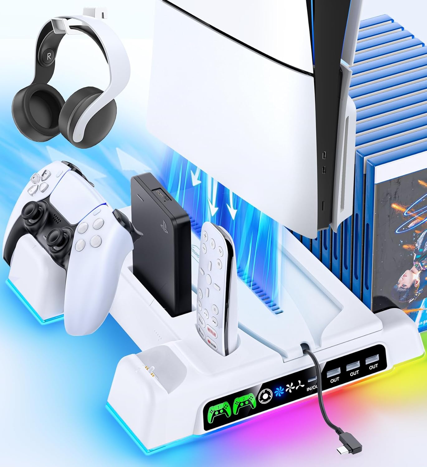 PS5 Cooling Stand with Dual Controller Charger & Fan Station