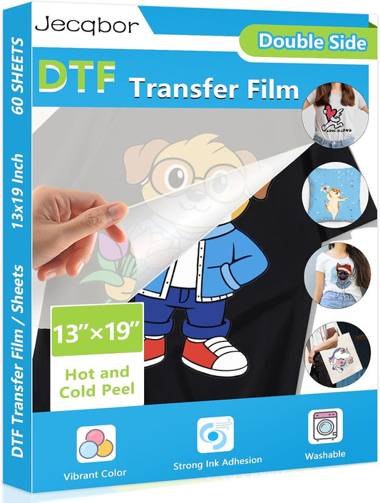 Jecqbor DTF Transfer Film 13x19 Inch, Double-Sided Clear PET Paper 60 Sheets