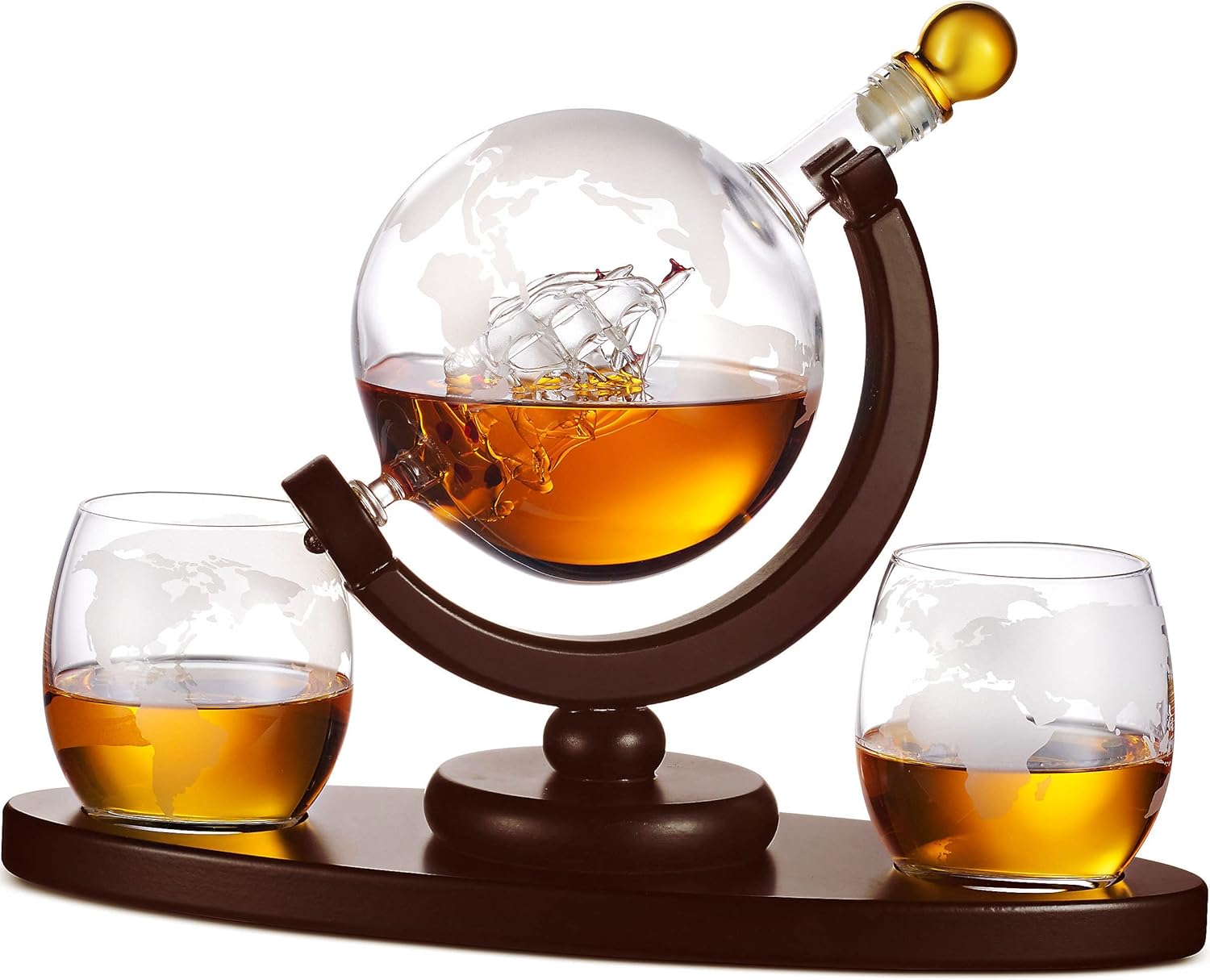 Whiskey Decanter Globe Set with 2 Etched Glasses for Spirits
