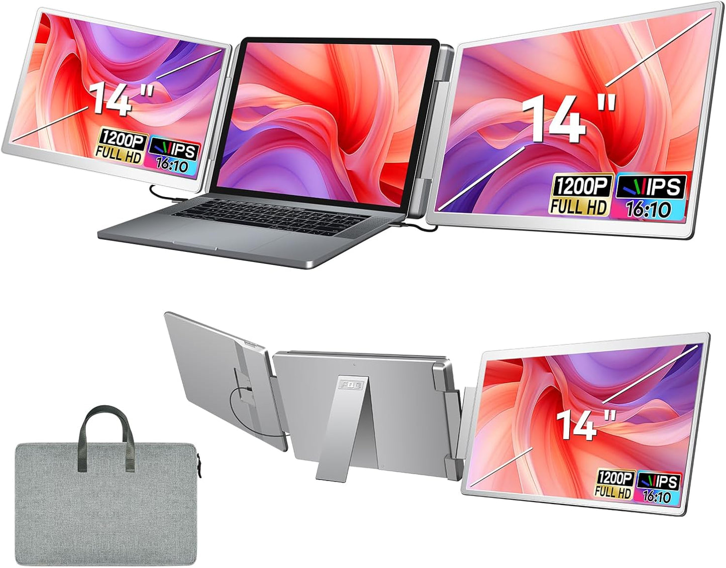 Portable Triple Screen Monitor, FHD 1200P, USB-C/HDMI, Windows/MacOS, FQQ