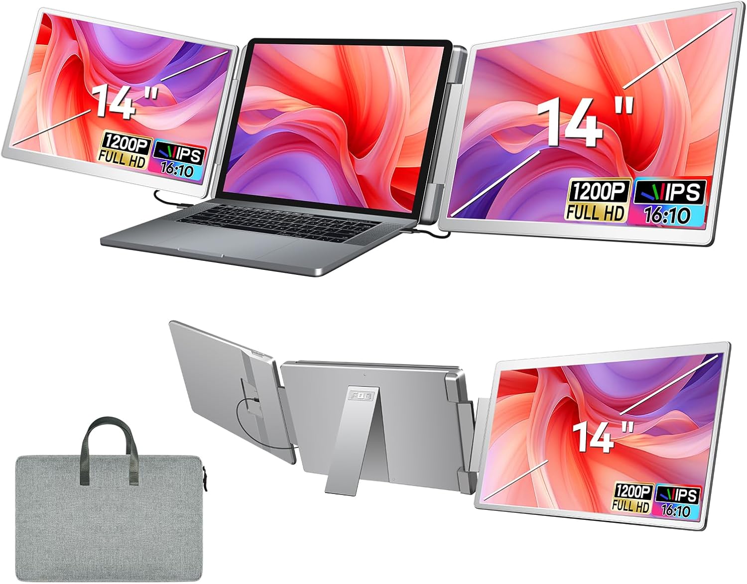 Portable Triple Screen Monitor, FHD 1200P, USB-C/HDMI, Windows/MacOS, FQQ