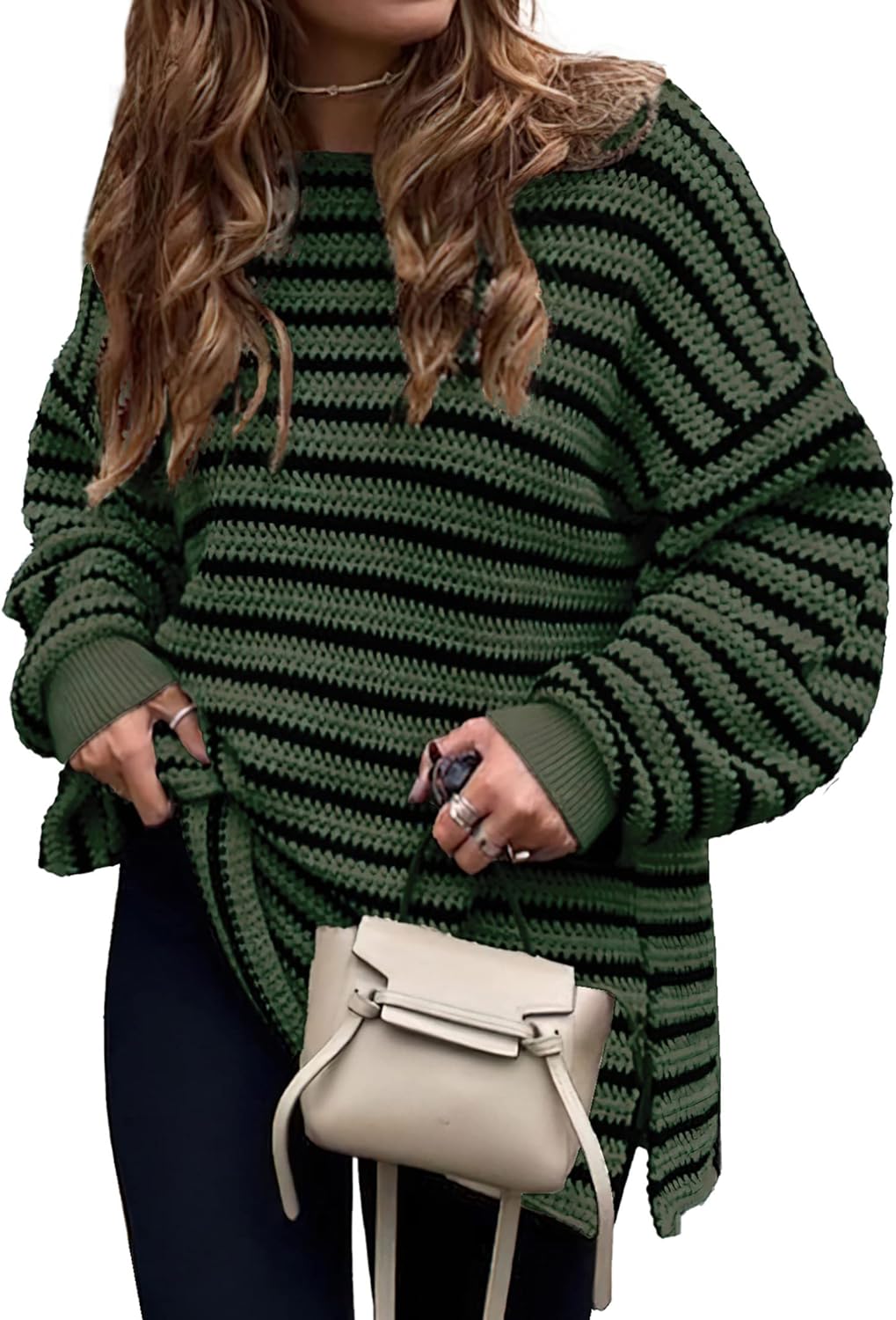 KIRUNDO Women's Oversized Striped Sweater for Fall and Winter