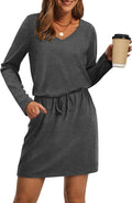Fall V Neck Long Sleeve Tie Front Dress for Women - Casual A-Line