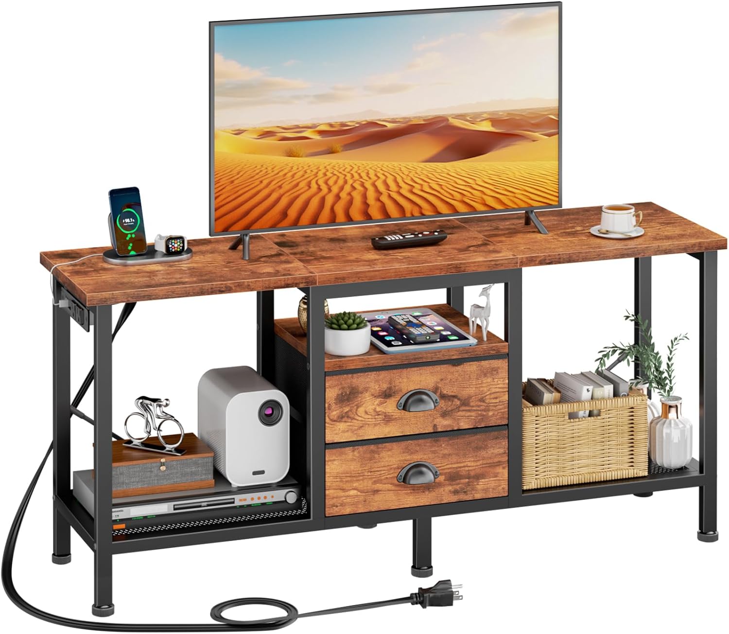 Rustic Brown TV Stand with Power Outlets & Drawers
