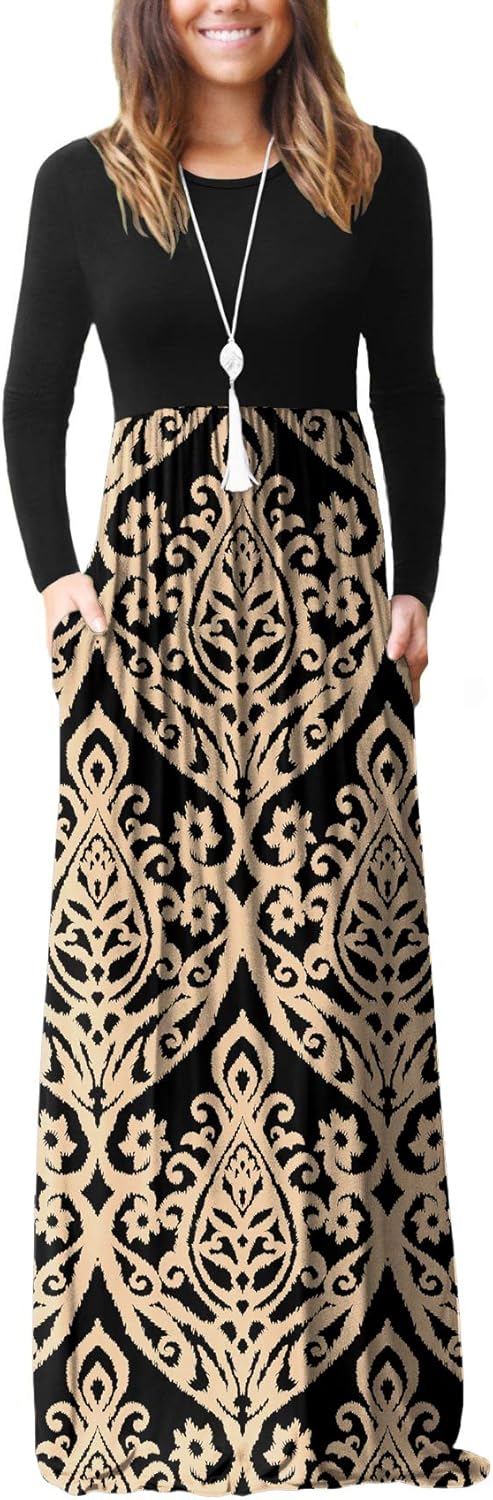 GRECERELLE Women Long Sleeve Casual Maxi Dress with Pockets