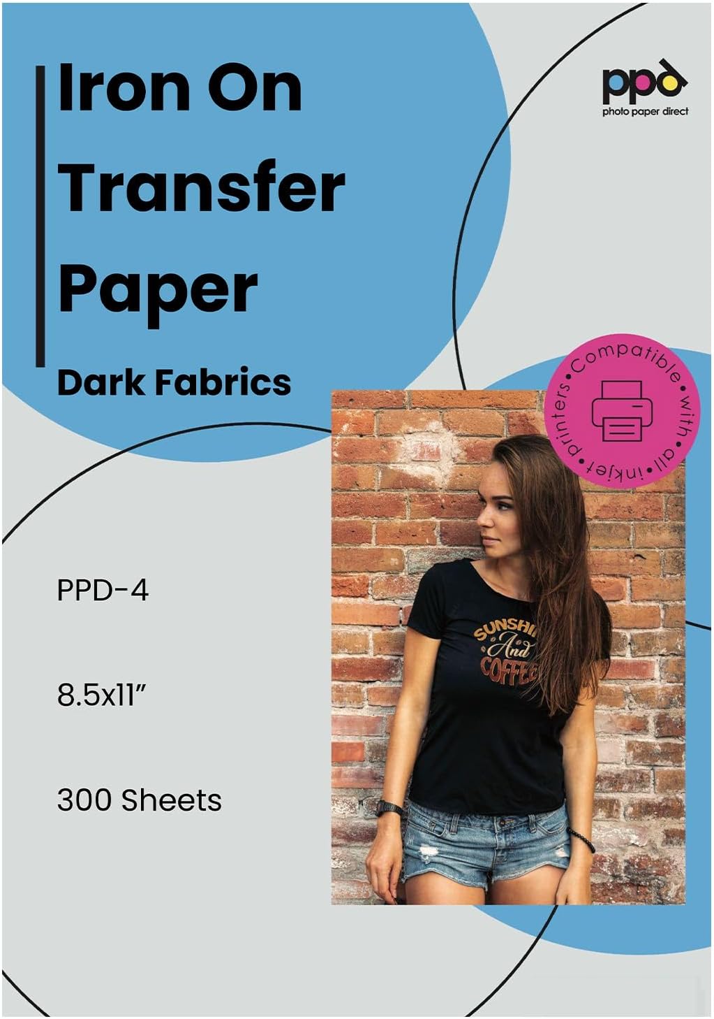 PPD 300 Sheets Inkjet Iron-on Heat Transfer Paper for Dark Fabrics