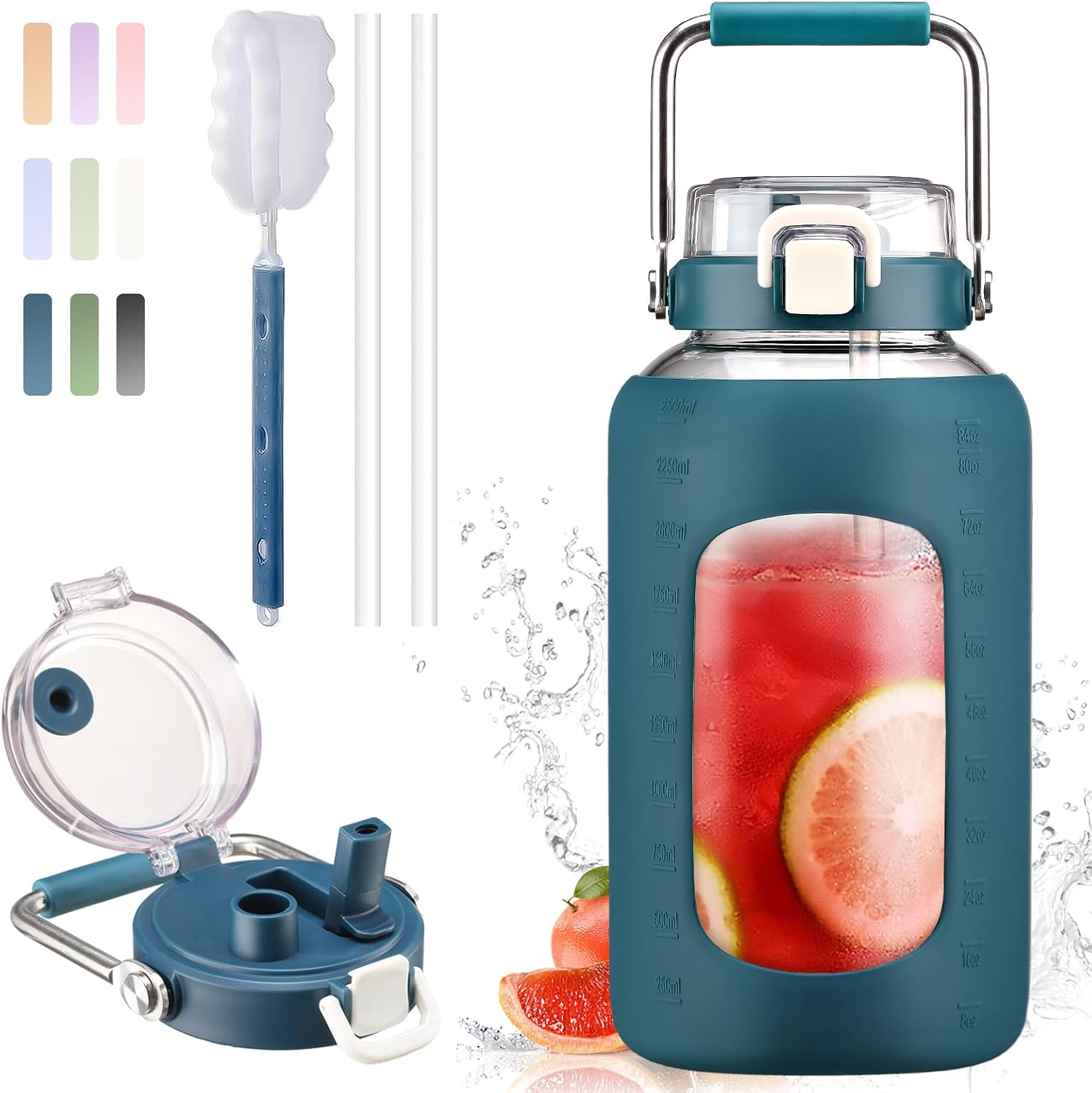 BLUEGO 84oz Glass Water Bottle with Stainless Steel Handle