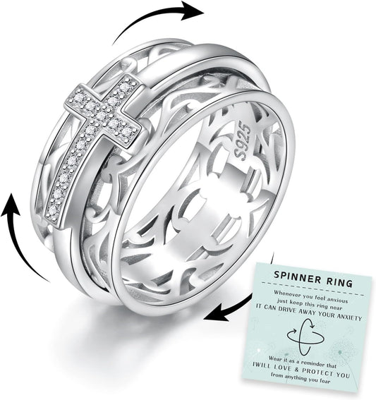 Sariel 925 Sterling Silver Cross Spinner Ring for Women and Moms
