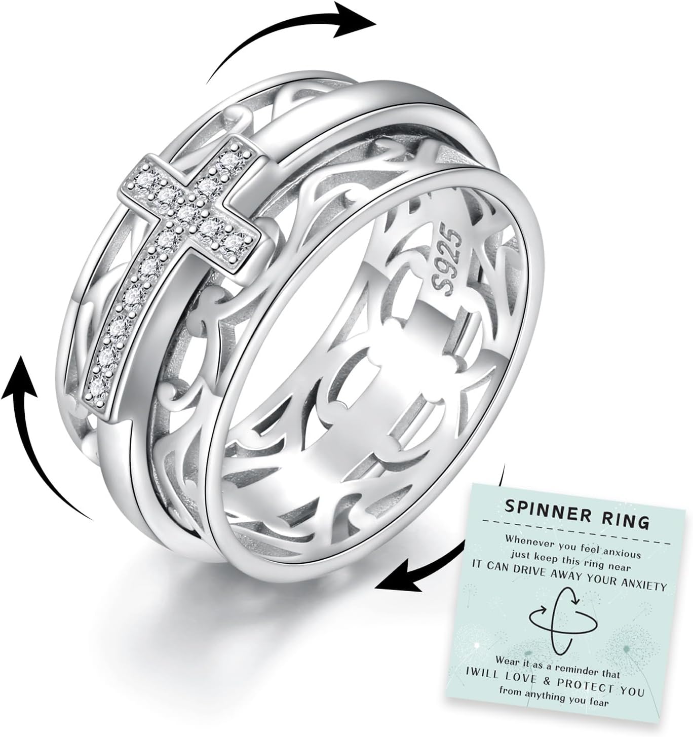 Sariel 925 Sterling Silver Cross Spinner Ring for Women and Moms