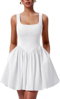 YMDUCH Women's Sleeveless Square Neck A-line Ruffle Hem Mini Dress not