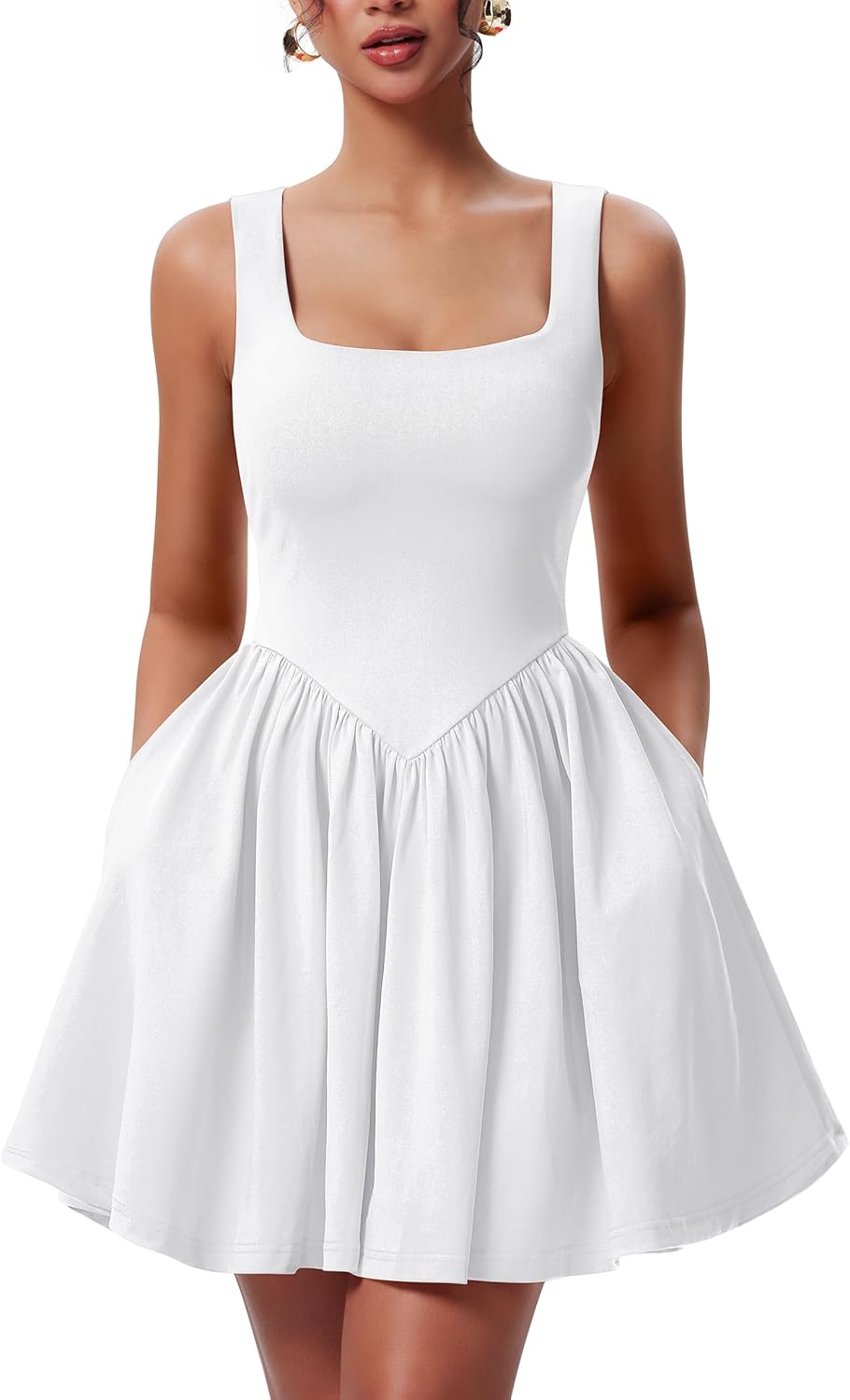 YMDUCH Women's Summer Sleeveless Square Neck Mini Tank Dress