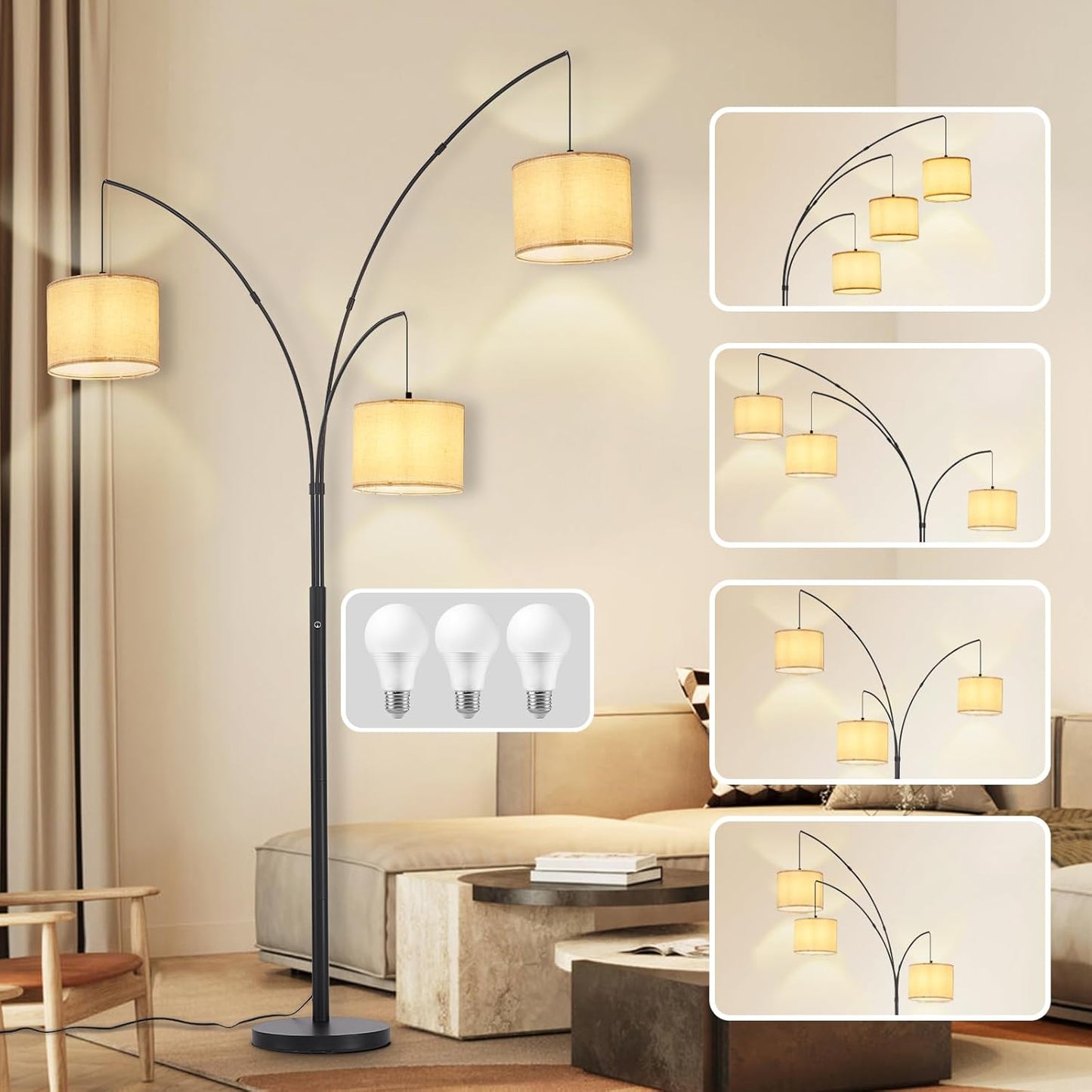 DLLT Modern Floor Lamp: 3-Light Dimmable Black Tree Lamp