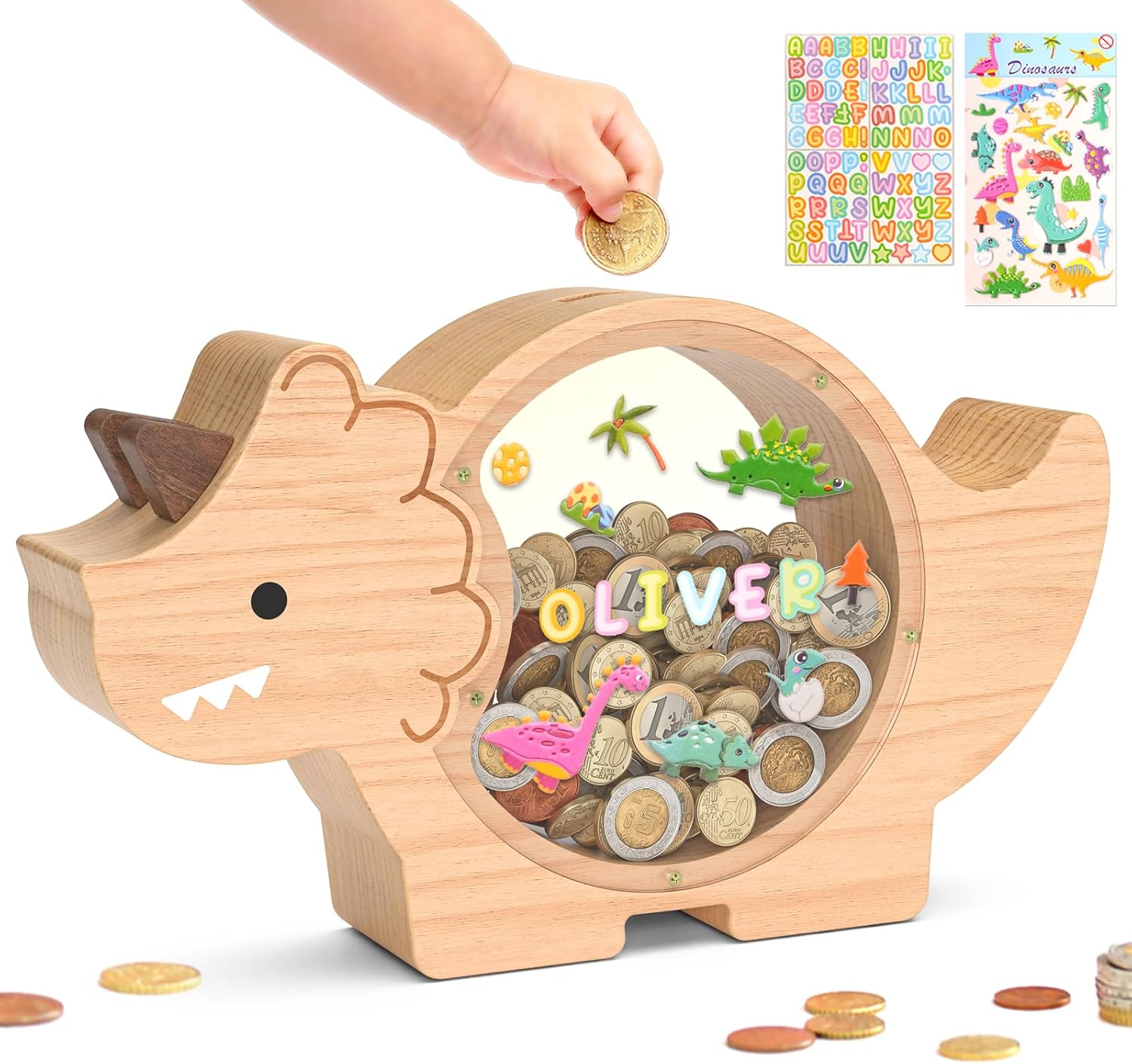 Summidate Wooden Dinosaur Piggy Bank for Kids - Fun Savings Toy