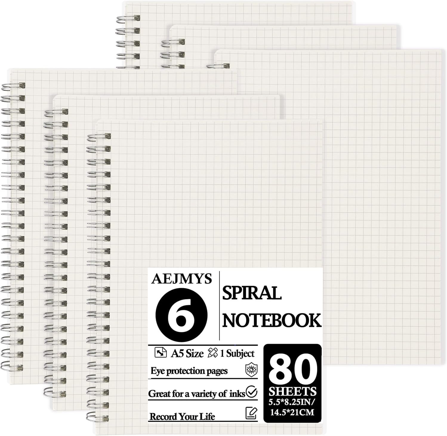Aosmeol 6 Pack Grid Graph Notebooks - 100gsm, Transparent Hardcover, Grid Paper - A5 Size