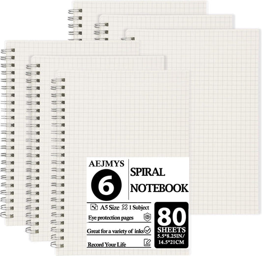 Aosmeol 6 Pack Grid Graph Notebooks - 100gsm, Transparent Hardcover, Grid Paper - A5 Size