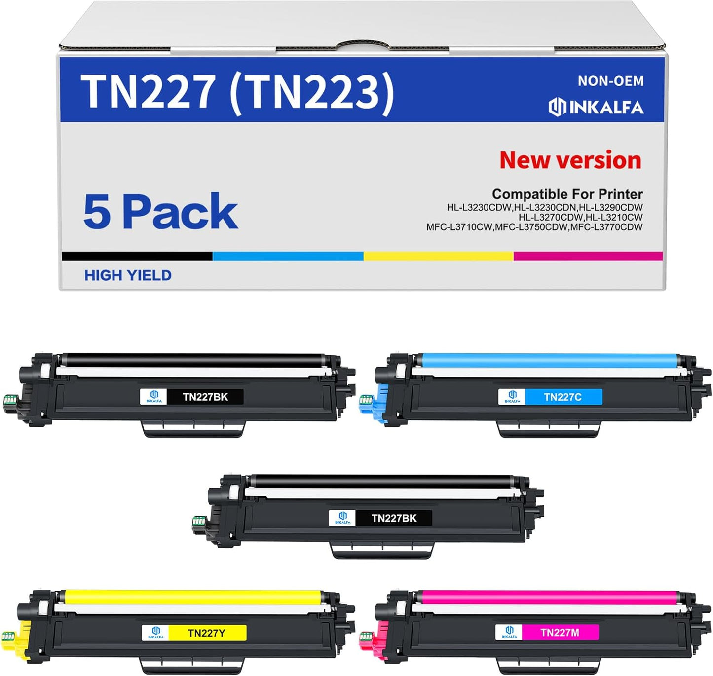 High Yield Toner Cartridge for Brother TN227 TN-223BK/C/M/Y 5 Pack